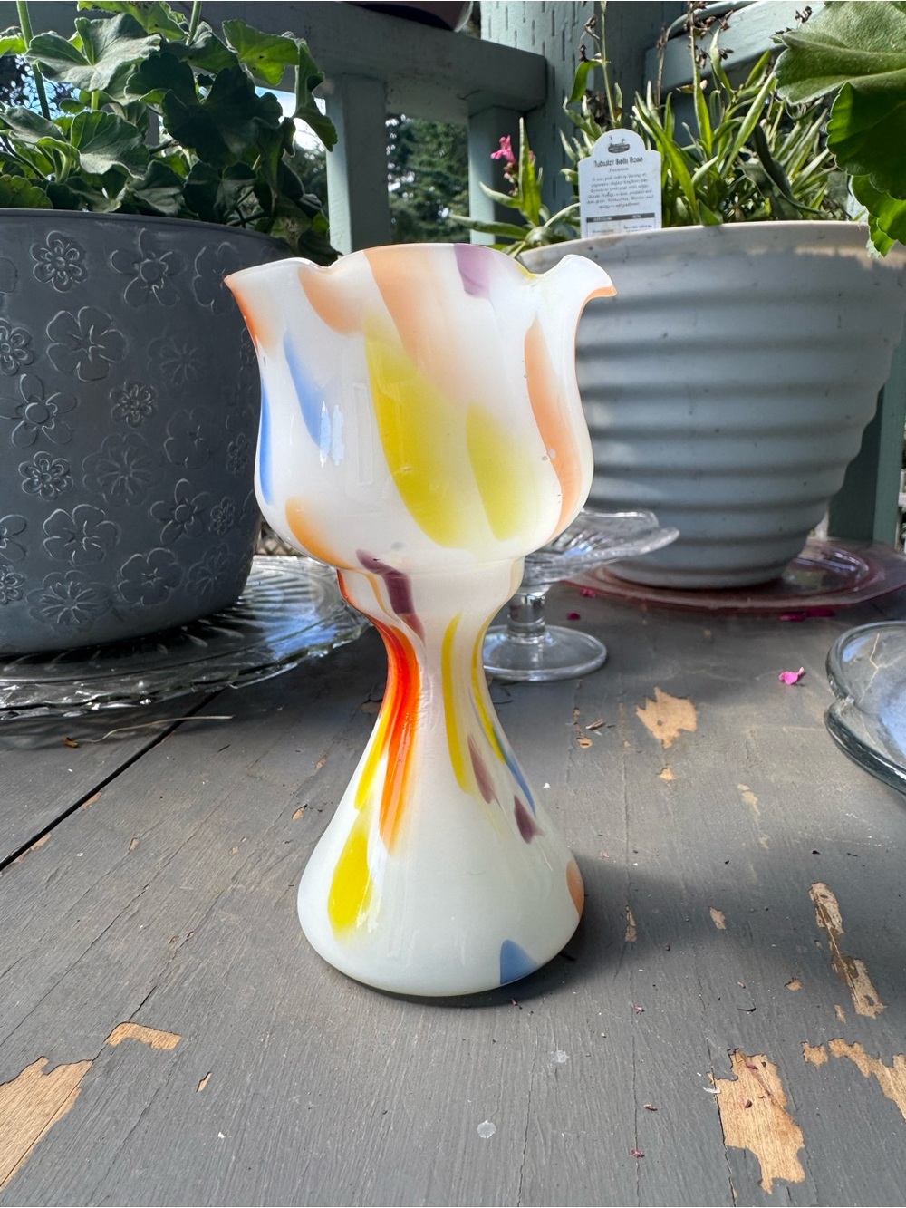 Vintage Hand Blown Milk Glass Pedestal Tulip Vase 6-7”